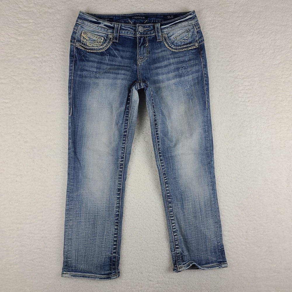 Vigoss Jeans Womens 3/4 - 23 Blue Dublin Capri Distress Light Wash Denim‎